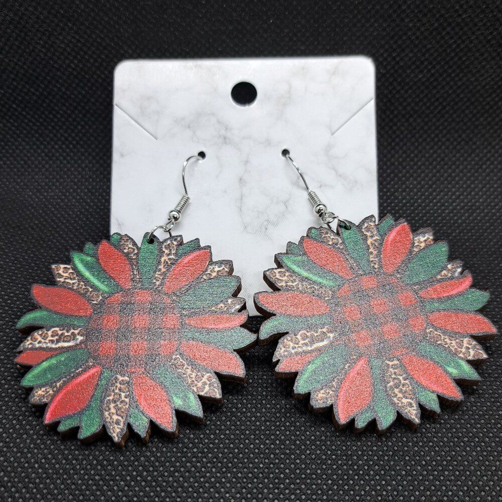 Lightweight Wooden Christmas Earrings- Plaid, Red and Green